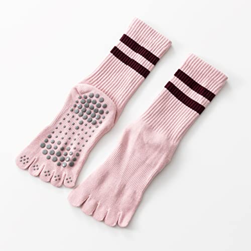 Verdancy Yoga Pilates Toe Socks with Grips for Women Non Slip Fleece Cushioned Crew Socks Mid Calf Socks for Barre (Pink) - Thumbnail 2