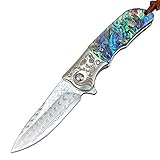 edcfans EDC Folding Pocket Knife: Damascus Steel Blade, Abalone Shell Handle, Ball Bearing Pivot, Flipper Open, Locking Liner, Sheath & Pocket Clip for Everyday Carry, Cool Knives for Outdoor Camping