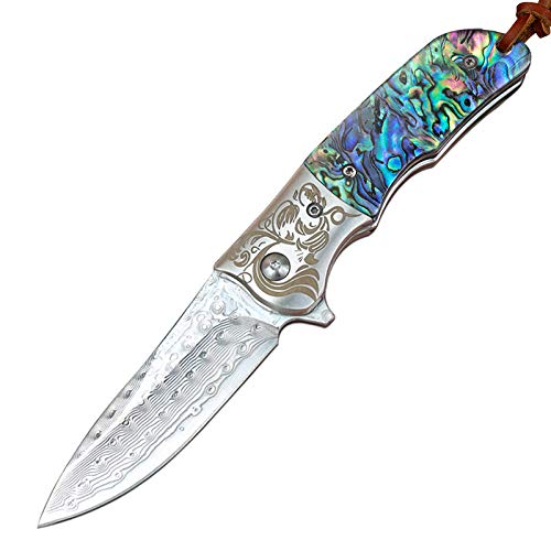 edcfans EDC Folding Pocket Knife: Damascus Steel Blade, Abalone Shell Handle, Ball Bearing Pivot, Flipper Open, Locking Liner, Sheath & Pocket Clip for Everyday Carry, Cool Knives for Outdoor Camping