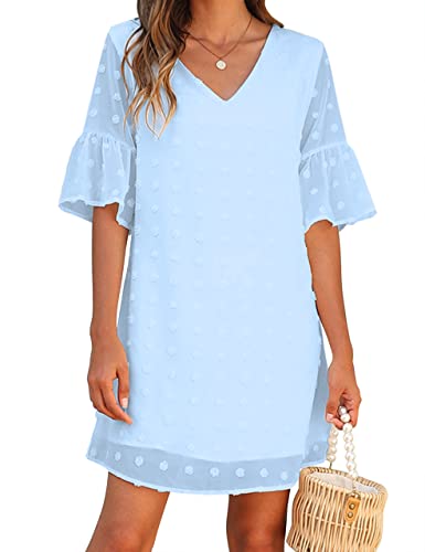 Image of Blooming Jelly Womens White Dresses Short Sleeve V Neck Ruffle Cute Sun Dress Chiffon Flowy Shift Mini Dress