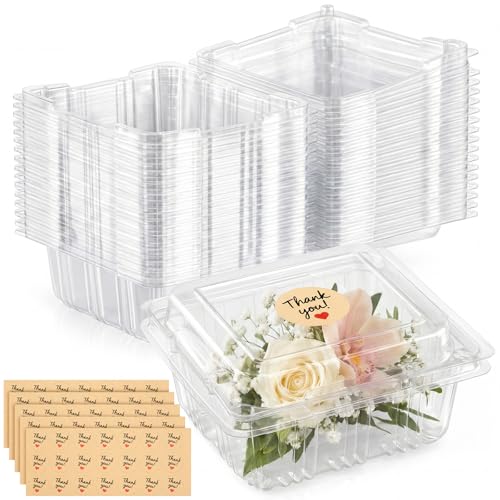 LemonRoad 100 Pcs Clear Plastic Corsage Boxes Flower Boxes with Vent Holes & Thank You Stickers 5.3 x 4.5 x 2.6 Floral Boutonniere Craft Container Corsage Supplies for Weddings Proms