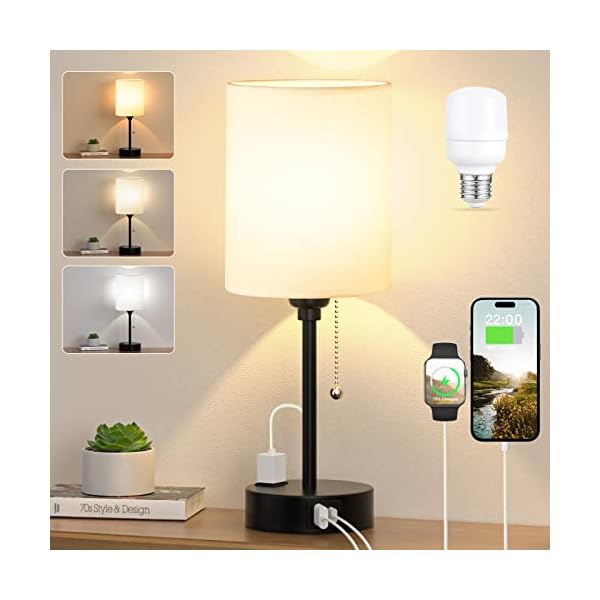 Small Bedside Table lamp for Bedroom - 3 Color Temperatures Bedside Lamps with USB C and A Ports, Pull Chain Table Lamps with AC Outlet, White Nightstand Lamps with Black Metal Base for Kids Reading