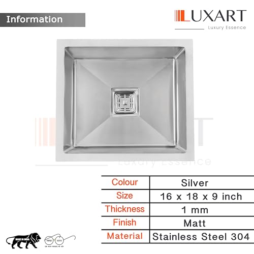 Image of LUXART Stainless Steel 16x18x9 Inch Kitchen Sink Large Single Bowl Sink with Vegetable Basket & Waste Kit 1mm Thick | Soundproof Matt Finish | Rust-Free Modern Design for Home