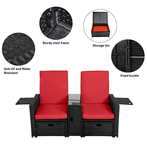 5Pcs Outdoor Wicker Chaise Lounge Chair - Rattan Adjustable Reclining Patio Lounge Chair With Ottoman And Coffee Table, For Patio Beach Pool Backyard (Black Wicker Red Cushion) #TOP3
