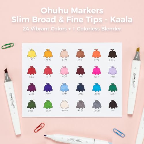 Image of Ohuhu Alcohol Markers Fine& Slim Broad 24 Colors for Adult Beginners Artist | Dual Tips Alcohol-based Refillable Art Marker Set for Architectural Design Illustration Drawing Coloring, Gift Idea, Kaala