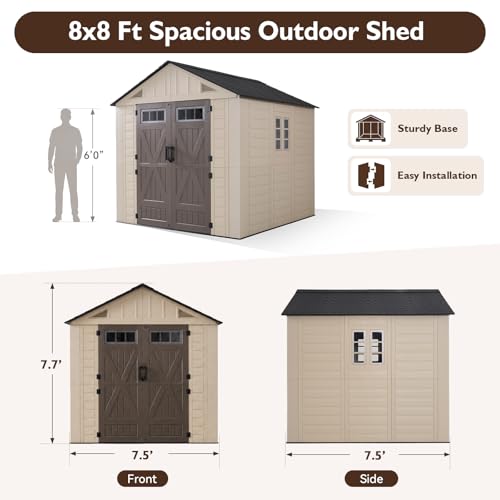 Image of LazySunsets 8x8 Ft Outdoor Storage Shed with Light, Large Resin Outdoor Shed with Floor Included, 2 Windows & Lockable Door, Garden Plastic Storage Sheds for Bike, Lawn Tools, Garbage Can