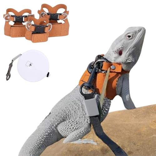 3 Pack Bearded Dragon Harness and Leash Set - Adjustable Soft Leather Lizard Harness with Retractable Leash Small Animal Traction Rope Walking Vest Accessories for Reptile Squirrel Rat (3 Pack)