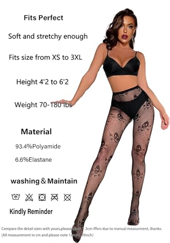 Image of CanB Skull Fishnet Stockings Sexy High Waist Tights Halloween Pumpkin Thigh High Pantyhose for Women