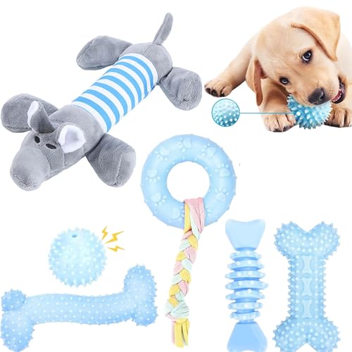 CAMITER 6 juguetes para cachorros, juguetes interactivos de dentición para el aburrimiento, juguetes interactivos suaves y duraderos para cachorros (azul)