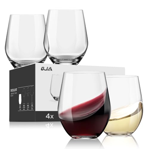 Stemless Wine Glasses Set of 4, Red White Wine Glasses, No Stem, Clear, 15oz, Premium Crystal Sturdy Drinking Glass for Daily Use, Birthday, Wedding, Home Party, Anniversary, Shower Gift
