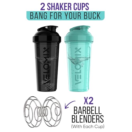 -2 Pack- 28 oz Protein Shaker Bottles for Protein Mixes - 2x Wire Whisk | Leak Proof Shaker Cups for Protein Shakes | Protein Shaker Bottle Pack (Black/Turquoise)