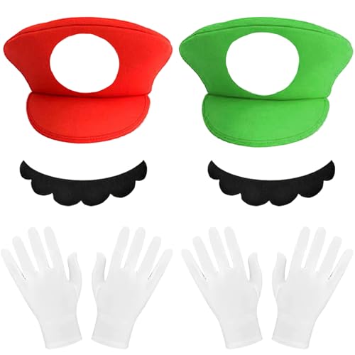 YOUYIKE Disfarce acessórios, disfarces acessórios de Super Bros Cosplay, vermelho verde boné, barba e luvas, Halloween carnaval Natal de homem, mulher, adulto