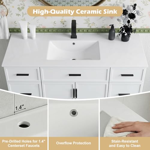 Image of 48 Inch Bathroom Vanity with Sink, Modern Farmhouse Bathroom Vanity Cabinet, Freestanding Bathroom Vanity with 2 Soft Closing Doors & 6 Drawers, Bathroom Sink Storage Cabinet, White(48 inch)