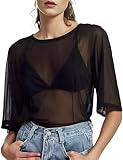 Buauty Women's Short Mesh Top, Sheer See Through Tops for Women, Summer Loose Short Sleeve T Shirt Fishnet Club Top Black
