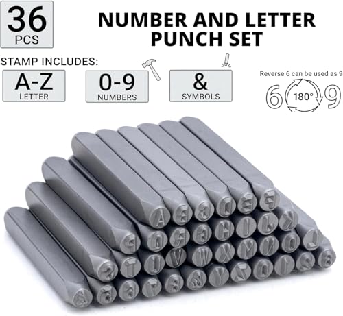 Image of NEIKO 02630A Number and Letter Punch Set with Heat-Treated Steel Punches, Imprinting & Arts and Crafts, 3 /32 inch (2.5MM) Shaft, 36 Pc Stamp Set, Uppercase Letter & Number Punch Set (A-Z / 0-8 / inch& inch)
