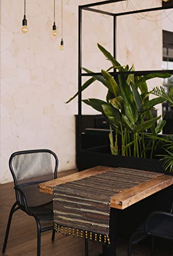 Cotton Craft Leather Chindi Table Runner - Boho Farmhouse Rustic Xl Beaded Fringe Leather Tablerunner - Handwoven Everyday Kitchen Dining Table Coffee Table Party Gift - 14X90 - Tan Natural Multicolor #TOP6