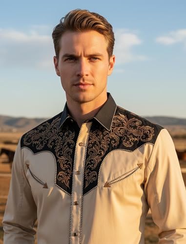 Men's Western Cowboy Shirt Embroidered Exquisite Long Sleeve Regular Fit Snap Button Down Shirts with Embroidery3