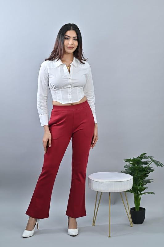 Image of Mlada Bootcut Flare Pants for Women Stretch Cotton Knit Boot Cut Mid Waist Flared Trouser Elastic Waist Band Utility Pockets for Formal Office Work Wear,Travel-Regular /Plus Size