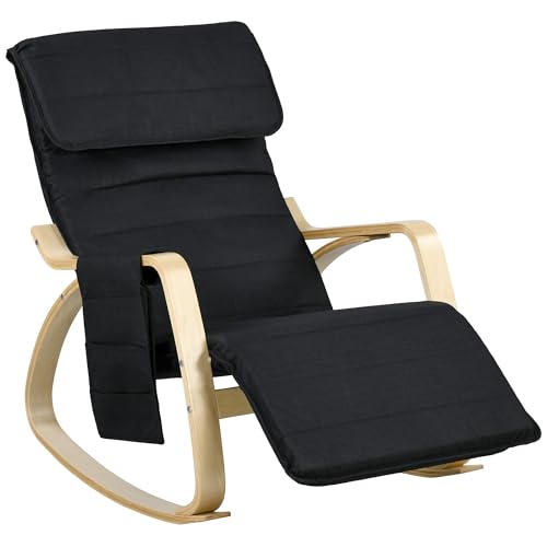 HOMCOM Fauteuil à Bascule Fauteuil Allaitement Relax Salon avec Repose-Pieds réglable, Poche latérale et Appui-tête, Rocking Chair pour Chambre, 67 x 110 x 91 cm Noir