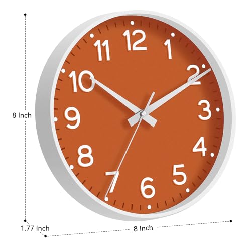 Image of Roymnie Wall Clock, Silent Wall Clocks Battery Operated 8 Inch-Modern Non Ticking Analog Clock Decorative for Kitchen Office Bathroom Bedroom(Orange)