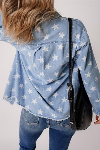 Ecosunny Womens Casual Long Sleeve Button Down Shirt Jacket Star Print Light Wash Raw Hem Denim Shacket Lightweight Tops2