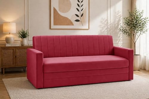 Image of Modern Velvet 3-Seater Sofa Cum Bed with Armrest, Convertible Sleeper Couch Sofa for Living Room, Bedroom & Office - Red Color