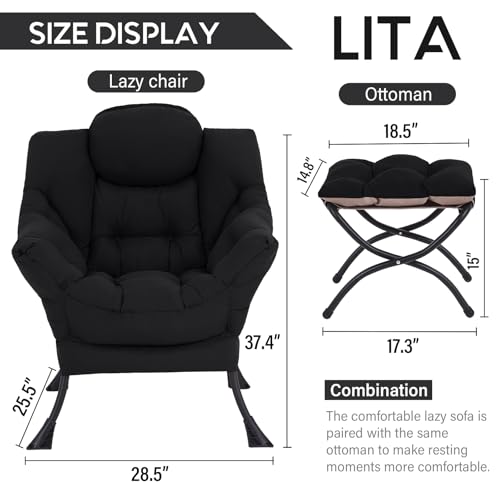 Image of LITA Lazy Chair with Ottoman, Modern Accent Leisure Upholstered Sofa Chair, Contemporary Lounge Reading Chairs with Armrests and a Side Pocket for Living Room, Bedroom & Small Space, Black