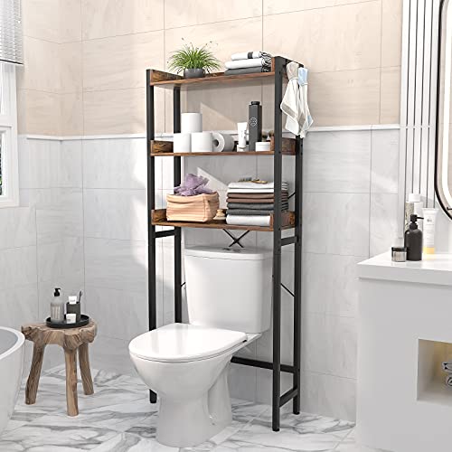 Ecoprsio Over-The-Toilet Storage Rack, 3-Tier Bathroom Organizer Shelf Over Toilet, Freestanding Space Saver Toilet Stands With 4 Hooks, Rustic Brown #TOP1