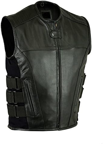 EXCELSIOR INT Men's Adjustable Sleeveless Leather Vest With Updated Tactical Swat Style Motorcycle Biker Jacket For Men- (XL, Black)