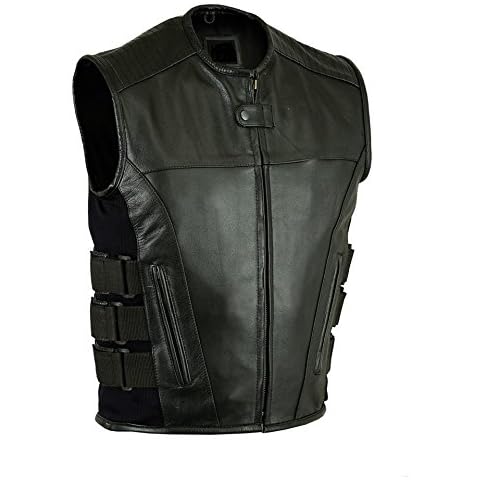 EXCELSIOR INT Men's Adjustable Sleeveless Leather Vest With Updated Tactical Swat Style Motorcycle Biker Jacket For Men- (M, Black) Cover
