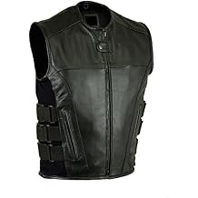 Mens Adjustable Sleeveless Leather Vest With Updated Tactical Swat Style Motorcycle Biker Jacket For Men- M, Black