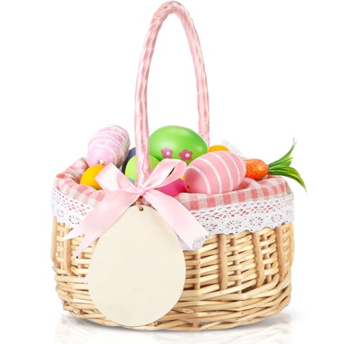 Clysee Easter Egg Basket Wicker Picnic Basket Tote Bags with Name Tag Wooden Egg Easter Candy Storage Wine Basket with Handle Gathering Wedding Gift Baskets for Party Supplies(Pink)
