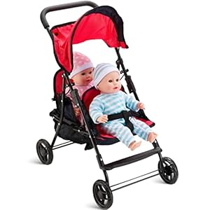 HUSHLILY – Tandem Double Doll Stroller with Adjustable Canopy & Basket, Foldable, with Smooth Rolling Wheels, Age 1 Year & Up, Red & Denim Blue