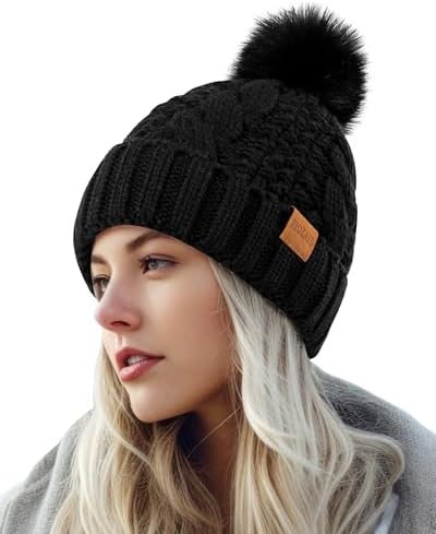 Women's Winter Pompom Beanie Warm and Cozy Knit Hat Fleece Lining...