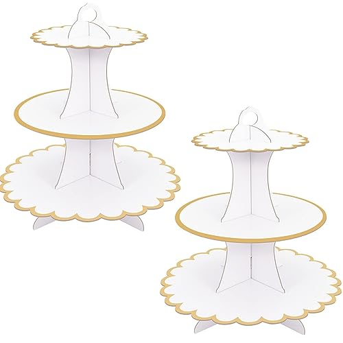 2PCS Cupcake Stand Cake Cardboard 3-Tier Cardboard Cupcake Stands White Cardboards Cupcakes Holder, 3- Tier Dessert Holder, Round Cupcakes Display Tower, Tea Dessert Stand for Birthday Party Wedding