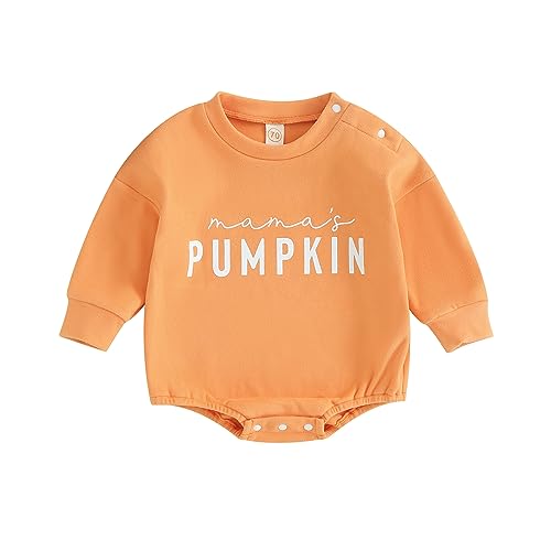 Image of Baby Boy Warm Sweatshirt Bubble Romper Crewneck Long Sleeve Fleece Sweater Onesie Winter Outfit Clothes (mamas pumpkin Orange, 0-3 Months)