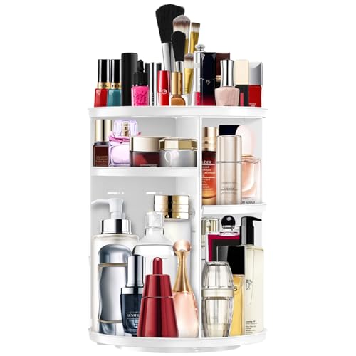 Image of Makeup Organizer 360 Rotating Cosmetic Organizer DIY Adjustable Makeup Carousel Spinning Holder Rack, Large Capacity Cosmetic Storage Box Makeup Brushes Organizer for Vanity Countertop (White)