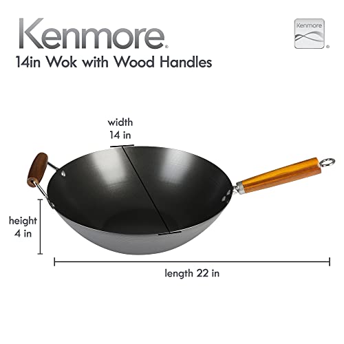 Kenmore Hammond 14-Inch Flat Bottom Carbon Steel Wok, Black, Durable Non-Stick Stir Fry Pan for Gas and Electric Stovetops by Kenmore - Image 2