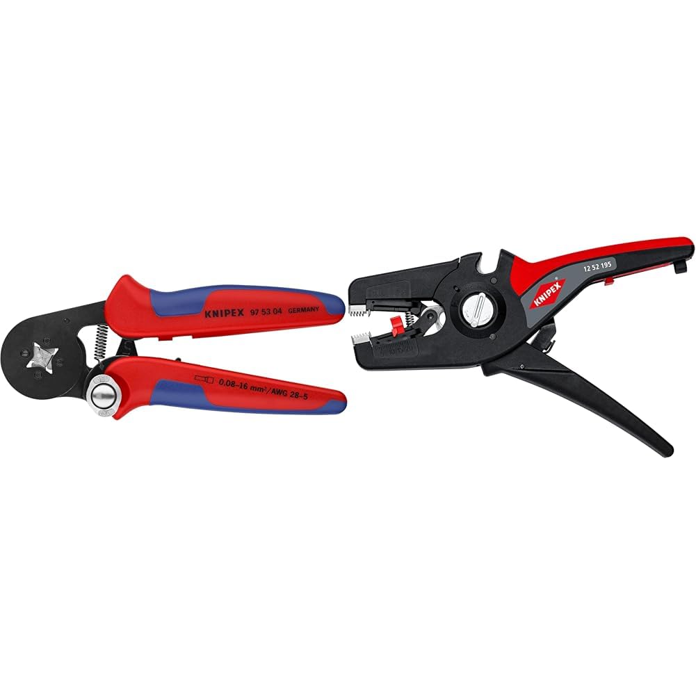 Knipex Pince à sertir auto-ajustable pour embouts de câble avec accès latéral brunie, avec gaines bi-matière 180 mm 97 53 04 & PreciStrip16 Pince à dénuder automatique 195 mm (carte LS/blister)