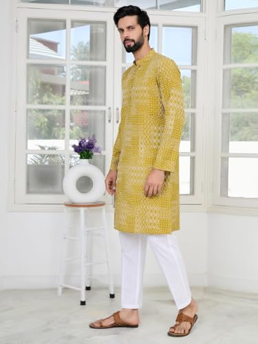 Image of See Designs Men's Full Sleeve Mandarin Collar Floral Embroidered Mandarin Collar Thread Work Straight Long Kurta - Festive Collection