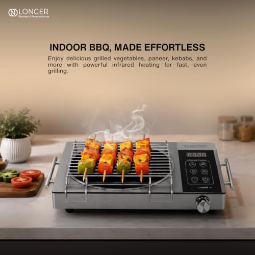 Image of LONGER 2500W Infrared Cooktop with Grill Rack - Dual Control (Touch + Knob), Crystal Glass Hot Plate, Digital Display, 240V Portable Electric Stove, Universal Cookware Compatible (Silver)