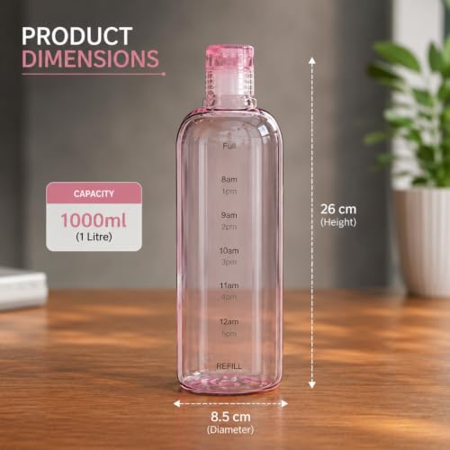 Image of Borosilicate Water Bottles, H2O Fridge Water Bottle with Cap, Leak proof & Airtight Lid, Water Bottle for Office, School, College - 1000ml Bottles with Time Marker (Pink)