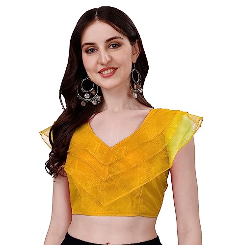 Image of Pujia Mills Women's V Neck Orgenza Three Layer Ruffle Sleeve Frill Readymade Saree Blouse