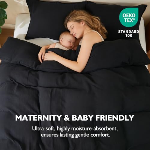 Image of EMME Muslin Cotton Duvet Cover Set Black Queen Size Linen Like Soft Breathable Lightweight Summer Comforter Cover Set with Zipper Closure (Black, Queen, 90 inchx90 inch)