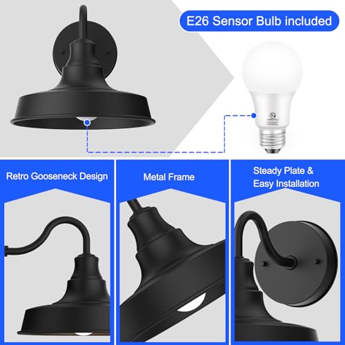 Energetic LED Barn Light with Dusk to Dawn E26 Sensor Bulb, Waterproof Outdoor Wall Sconce, Exterior Wall Mount Lighting Fixture for Garage, Front Door, Entryway, Porch, Balcony, 120V, Black, 2 Pack by E ENERGETIC LIGHTING - Image 2