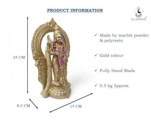 Image of GLOWAN -Thiruchendur Murugan Idol, Handicrafted Murugan Statue, Decorative Statue Figurine for Home Decor Gifts, Pooja Room & Gifting - 14 X 8 X 24 CM, Hindu God Gift (Gold)