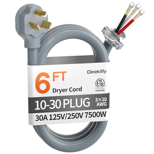 Deeklify 6 ft 3 Prong Dryer Cord 30Amp 10 Gauge Dryer Power Cord Replacement Pure Copper 3-Wire Dryer Cord with NEMA 10-30P Plug and O-Ring Terminals 250V 7500W ETL Listed Gray STW