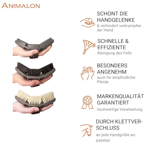 Animalon Basis-Set | Kardätsche, Striegel, Wurzelbürste, Schweif- & Mähnenbürste & Hufbürste | Basis-Ausrüstung für die tägliche Pferdepflege (braun)