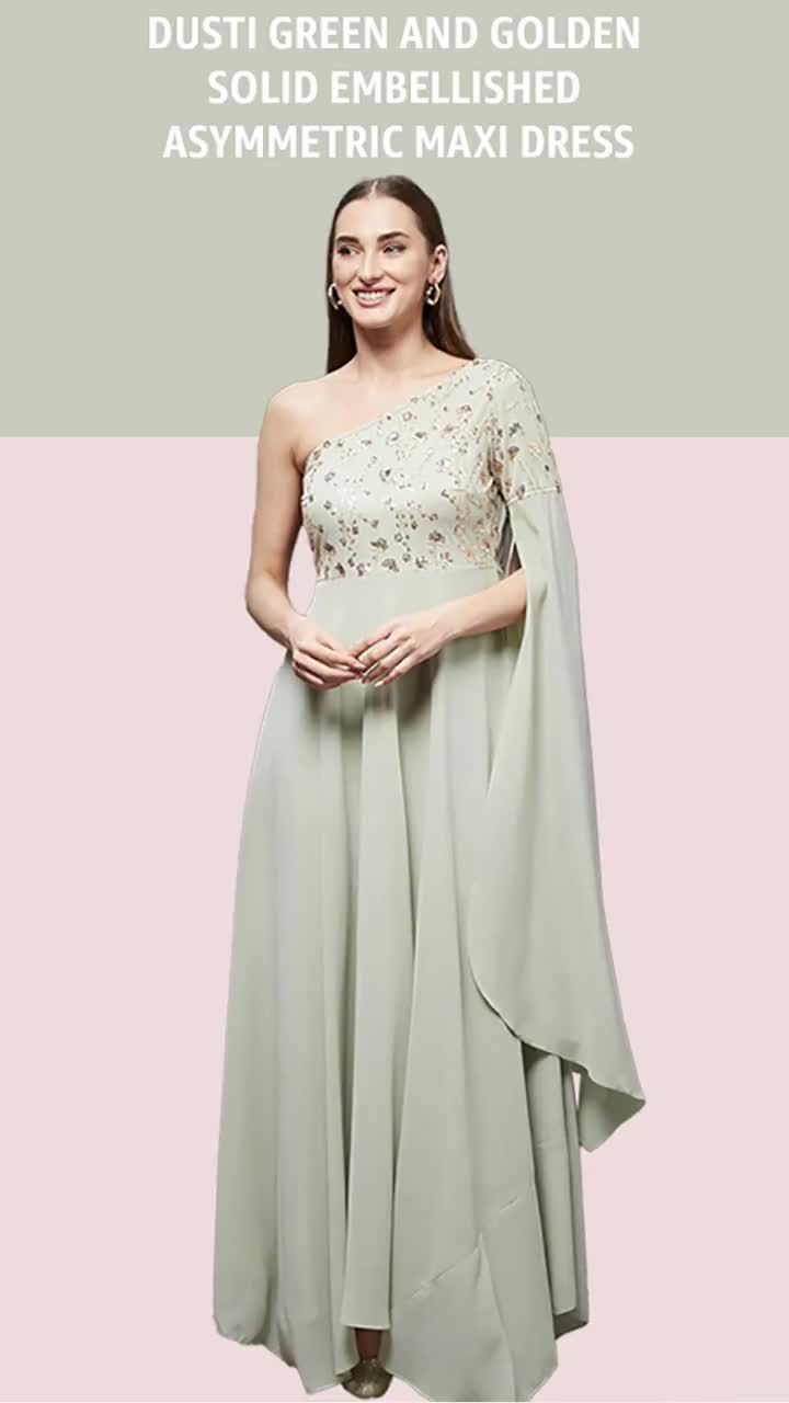 Buy Miss Chase Women's Dusty Green and Golden Solid Embellished Asymmetric  Maxi Dress (MCAW21D06-20-244-02, Dusty Green and Golden, XS) at Amazon.in