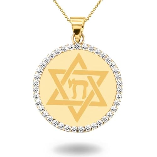 Jewish Star of David Chai with Diamonds Coin Life Medallion Pendant with 16" Chain 14K Yellow Gold